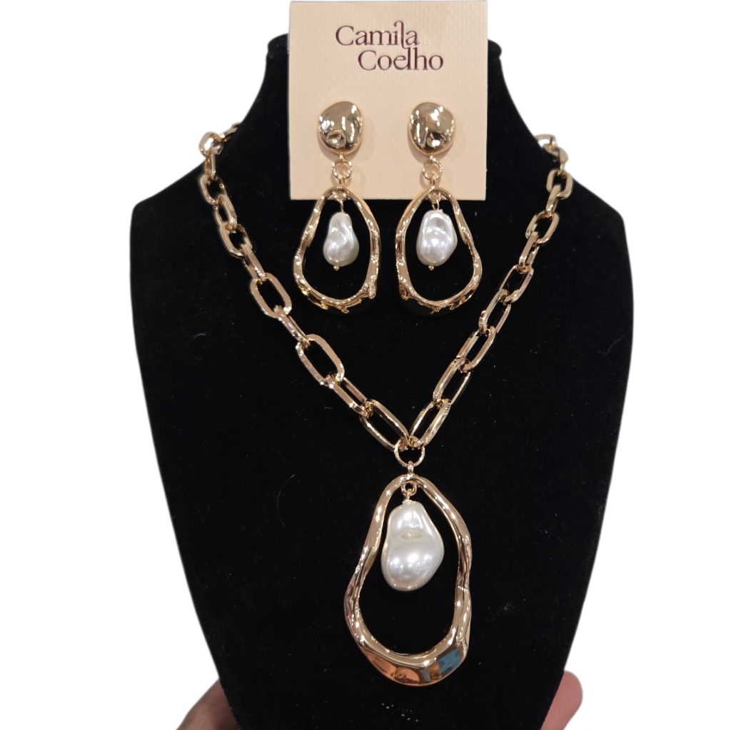 Camila Coelha Elegant Gold Tone 18 Necklace Pearl Pendant Earring Set 125$